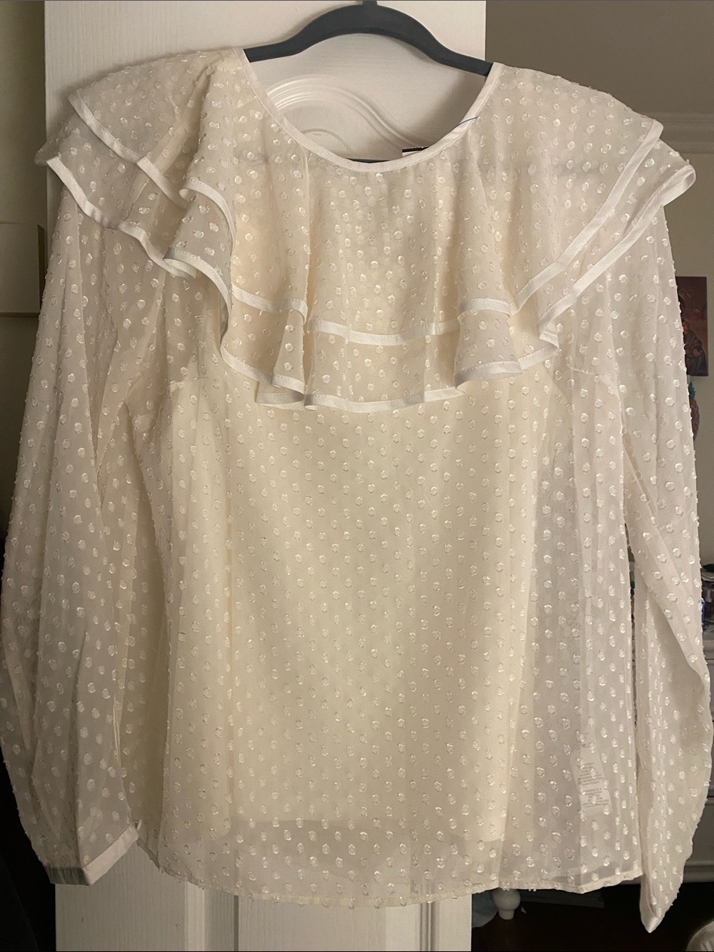 Cream Swiss-Dot Ruffle Yoke Blouse